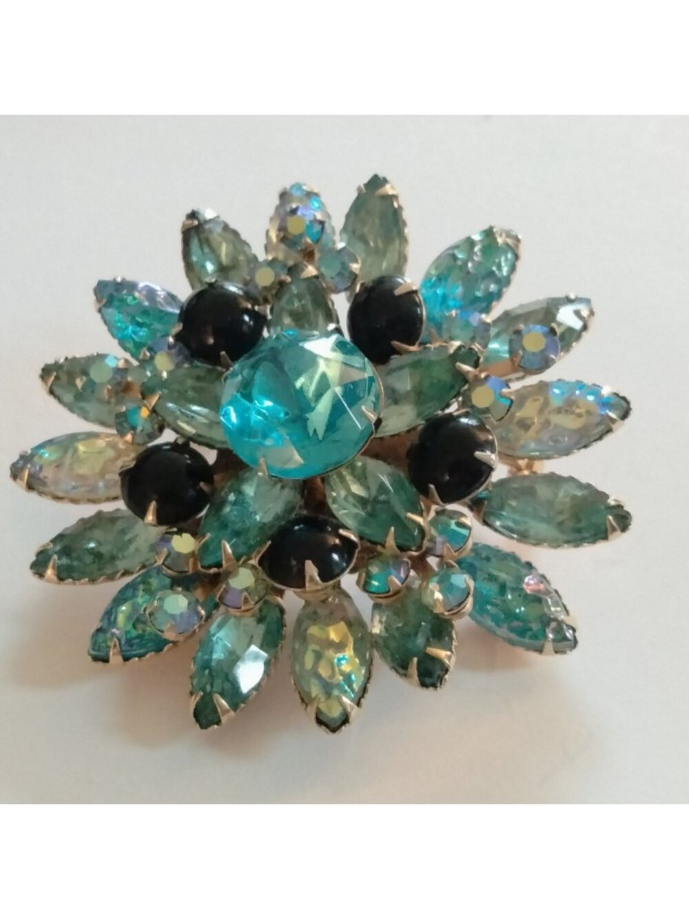 Blue Rhinestone Flower Brooch Aqua Marquise Lava Glass Black Vintage Statement